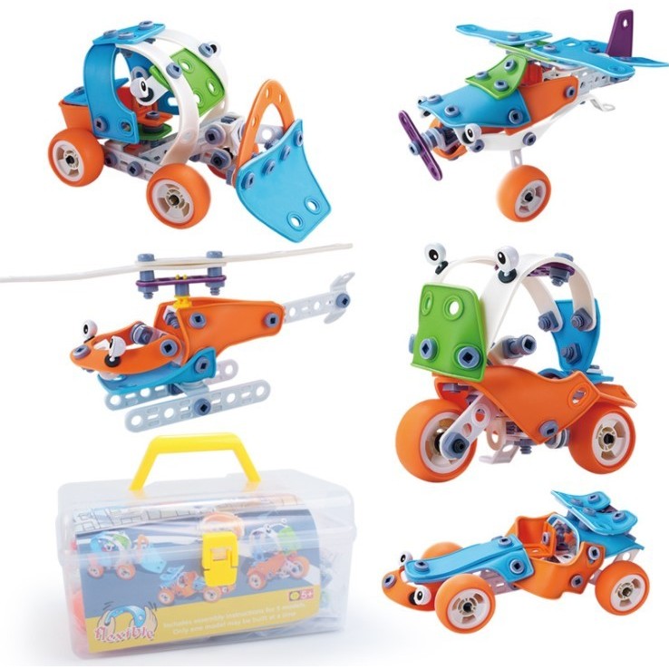 Set de Constructie Masini si Vehicule, Joc Educativ STEM de Inginerie DIY, Model 5 in 1 cu Elicopter si Avion, Material Plastic Rezistent, 132 Piese