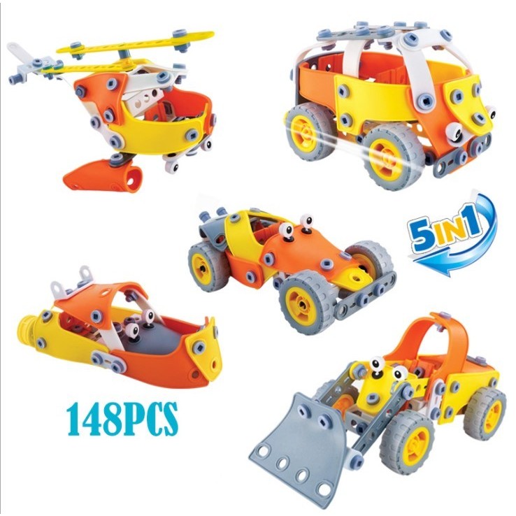 Set De Constructie Mecanica 5 In 1, Joc Educativ STEM Inginerie Si Creativitate, Plastic Rezistent Non-Toxic, 148 Piese