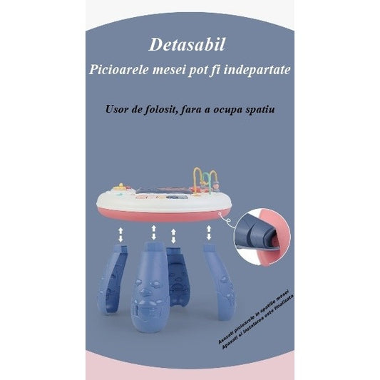 Masa Educativa 2 in 1 pentru Copii, Centru de Activitati cu Volan, Pian si Tobe, Panou Detasabil, Plastic, Multicolor