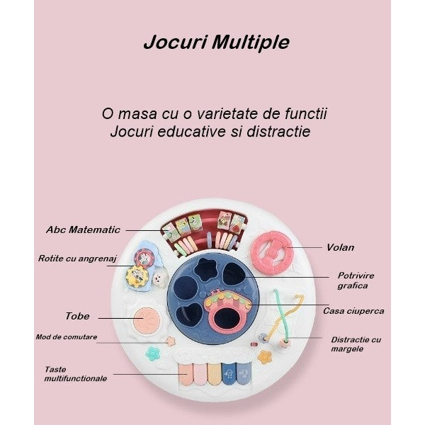 Masa Educativa 2 in 1 pentru Copii, Centru de Activitati cu Volan, Pian si Tobe, Panou Detasabil, Plastic, Multicolor