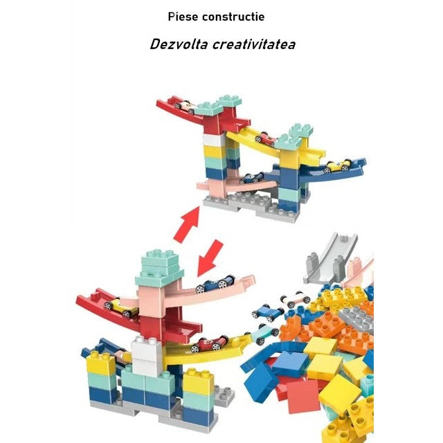 Set Constructie Rampa Auto Etajata, Jucarie Educativa Interactiva, Plastic Rezistent, 30 Piese, Include 4 Masinute si 4 Rampe, Multicolor