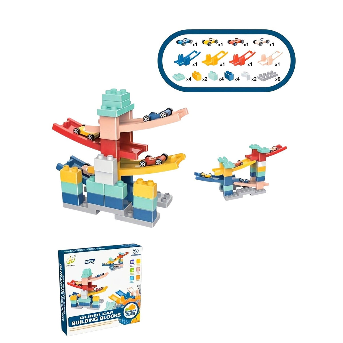 Set Constructie Rampa Auto Etajata, Jucarie Educativa Interactiva, Plastic Rezistent, 30 Piese, Include 4 Masinute si 4 Rampe, Multicolor