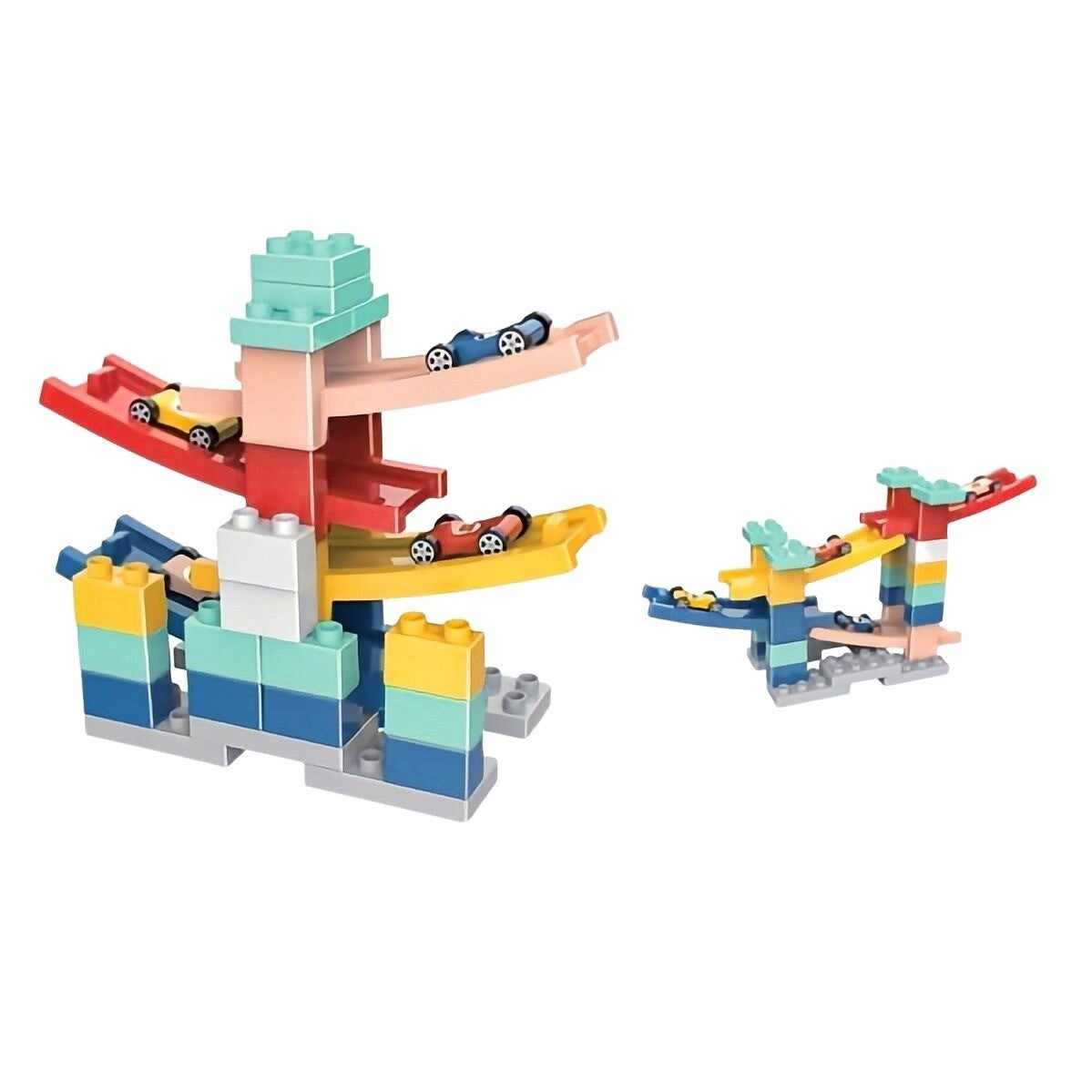 Set Constructie Rampa Auto Etajata, Jucarie Educativa Interactiva, Plastic Rezistent, 30 Piese, Include 4 Masinute si 4 Rampe, Multicolor