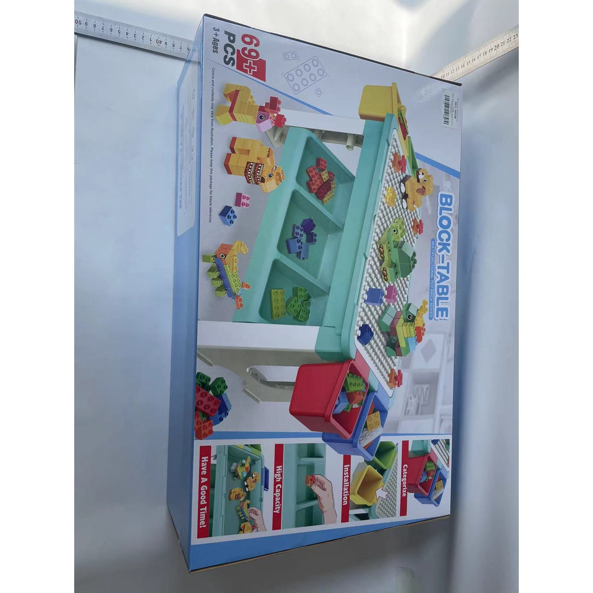 Masa de Joaca Multifunctionala pentru Copii, Centru de Activitati si Masa de Scris, cu Spatii de Depozitare Laterale, Plastic Non-Toxic, Include 69 Piese de Constructie, Multicolor