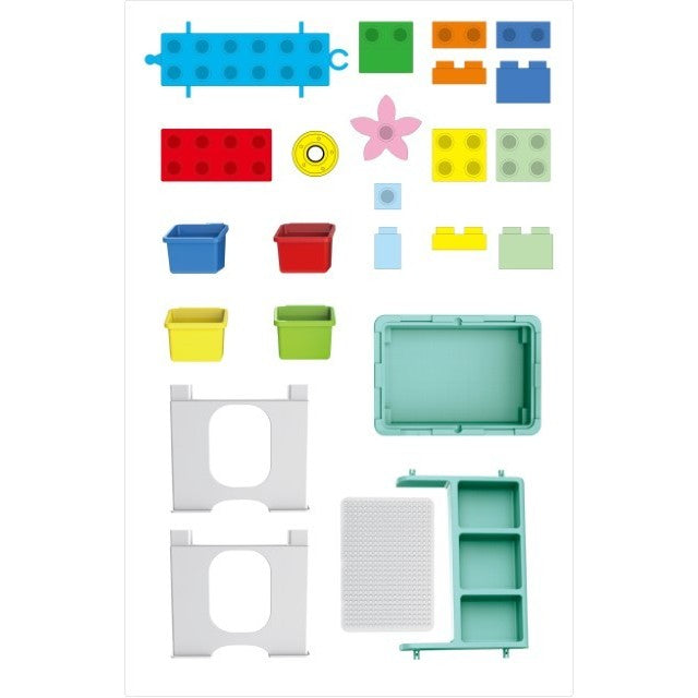 Masa de Joaca Multifunctionala pentru Copii, Centru de Activitati si Masa de Scris, cu Spatii de Depozitare Laterale, Plastic Non-Toxic, Include 69 Piese de Constructie, Multicolor