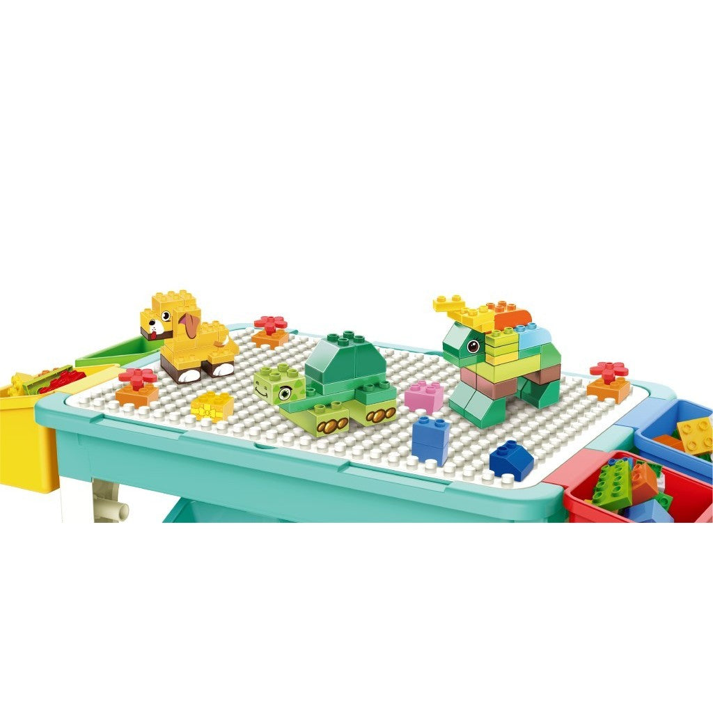 Masa de Joaca Multifunctionala pentru Copii, Centru de Activitati si Masa de Scris, cu Spatii de Depozitare Laterale, Plastic Non-Toxic, Include 69 Piese de Constructie, Multicolor