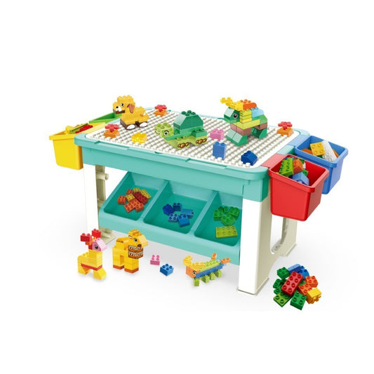 Masa de Joaca Multifunctionala pentru Copii, Centru de Activitati si Masa de Scris, cu Spatii de Depozitare Laterale, Plastic Non-Toxic, Include 69 Piese de Constructie, Multicolor