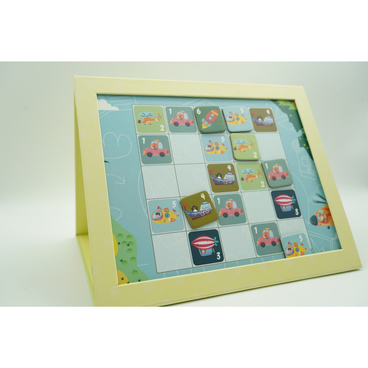 Joc Educativ Sudoku pentru Copii cu Tablita Magnetica, 53 Piese, Tematica Trafic, Material Carton si Metal, Verde