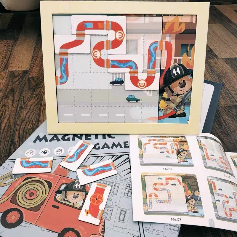 Joc Educativ Magnetic de Interconectare Micul Pompier, Puzzle Logica cu 15 Nivele de Dificultate, 9 Carti cu Provocari, Plastic si Magnet, Multicolor, +3 Ani