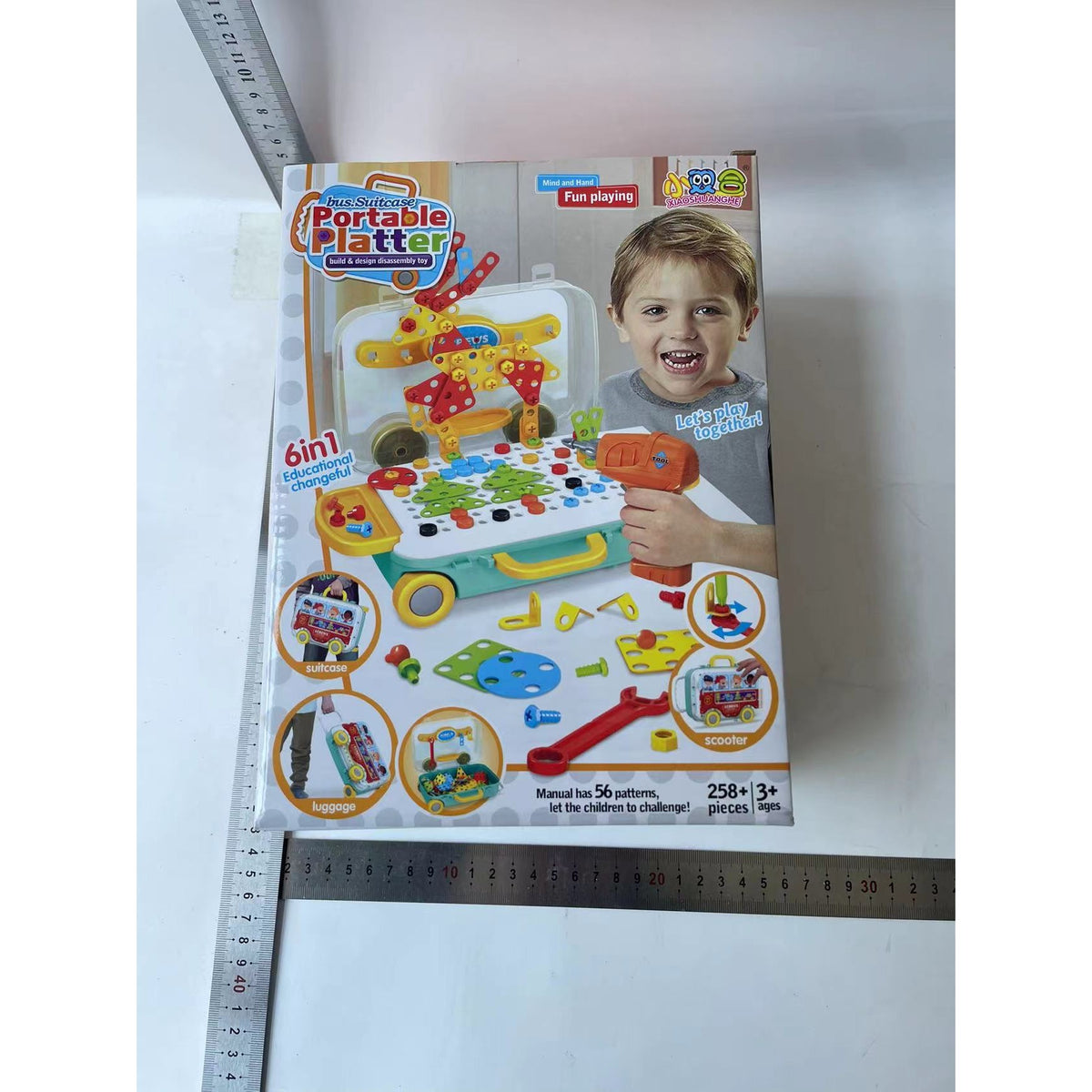 Jucarie Educativa STEM, Set Constructie Puzzle 3D cu Bormasina Electrica si Mozaic, Tip Valiza pe Roti 6 in 1, Plastic ABS, 258 Piese, Multicolor