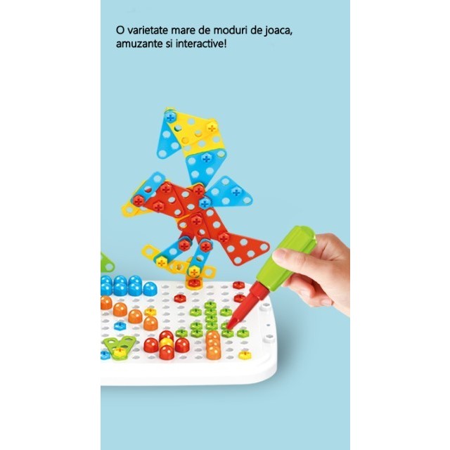 Jucarie Educativa STEM, Set Constructie Puzzle 3D cu Bormasina Electrica si Mozaic, Tip Valiza pe Roti 6 in 1, Plastic ABS, 258 Piese, Multicolor