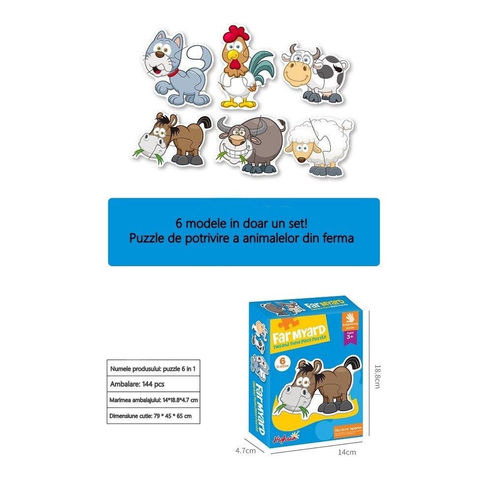 Set Puzzle Educativ pentru Copii, 6 Modele Animale de la Ferma, Dezvoltare Coordonare Mana-Ochi si Logica, Lemn, Multicolor, Set 6 Piese