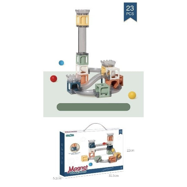Set Constructie Magnetica Tip Pista cu Tobogane si Bile, Joc Educativ STEM 3D, Dezvoltare Abilitati Motorii, Plastic ABS, 23 Piese, Multicolor