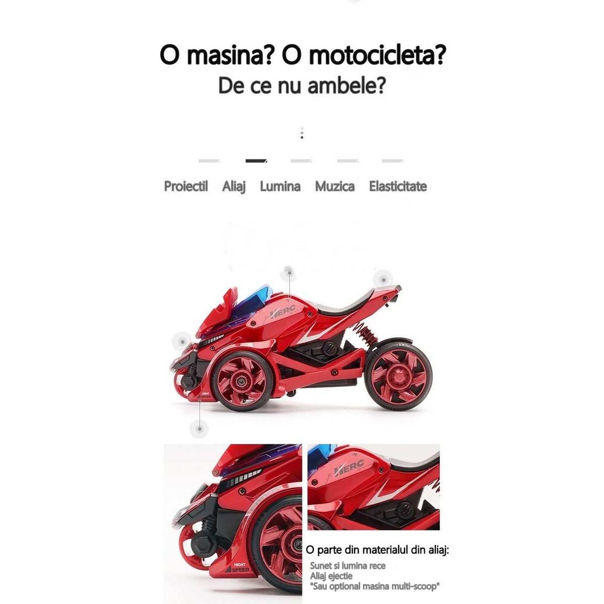 Masina Jucarie 2 In 1, Cu Motocicleta Proiectabila, Iluminare Si Sunete, Plastic, Rosie
