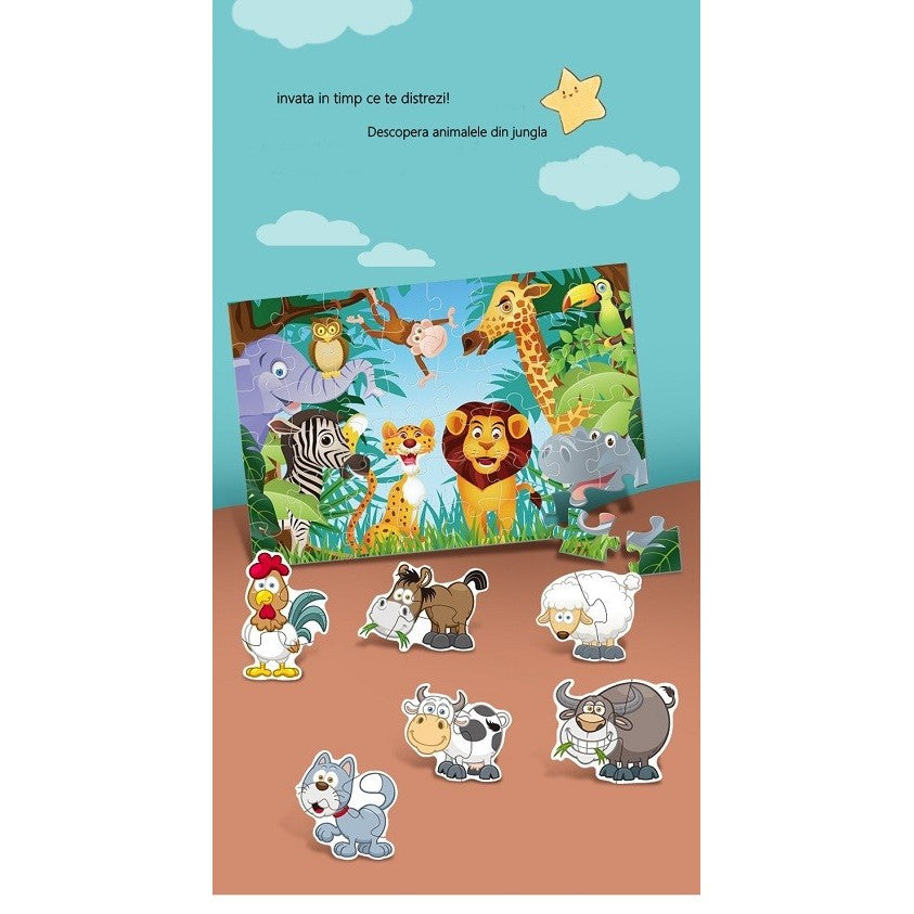 Puzzle Educativ pentru Copii, Set 2 Puzzle-uri Animale Ferma si Padure, Dezvoltare Coordonare si Logica, Carton, 48 Piese (2 x 24 Piese), Multicolor