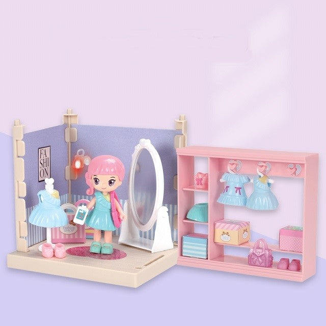 Bella Set Garderoba Papusi cu Haine si Accesorii, Casuta de Joaca cu Oglinda si Mobilier, Plastic si Cauciuc Moale, 15 Piese, Multicolor