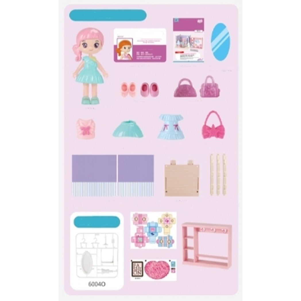 Bella Set Garderoba Papusi cu Haine si Accesorii, Casuta de Joaca cu Oglinda si Mobilier, Plastic si Cauciuc Moale, 15 Piese, Multicolor