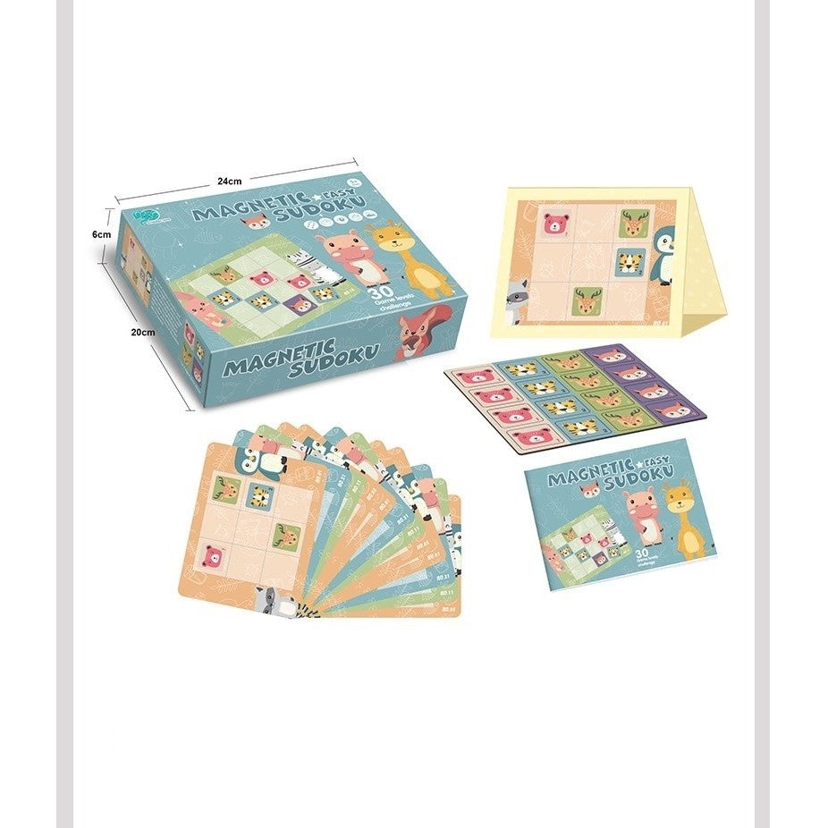 Joc Educativ Sudoku pentru Copii, Tablita Magnetica cu Animale, 32 Piese din Carton si Magnet, Verde