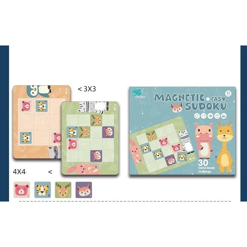 Joc Educativ Sudoku pentru Copii, Tablita Magnetica cu Animale, 32 Piese din Carton si Magnet, Verde
