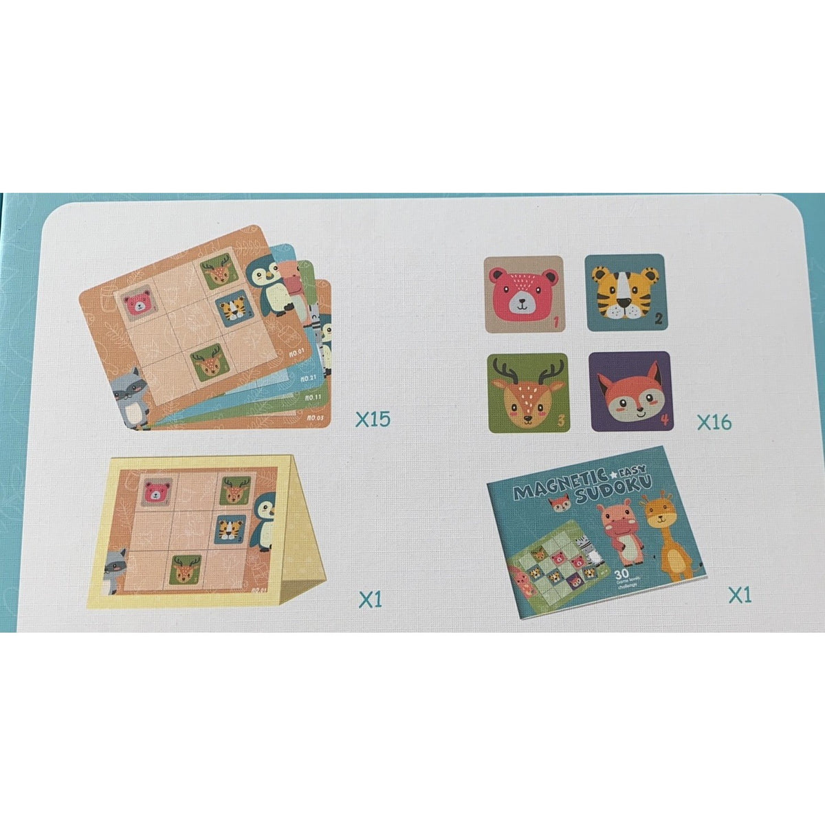 Joc Educativ Sudoku pentru Copii, Tablita Magnetica cu Animale, 32 Piese din Carton si Magnet, Verde