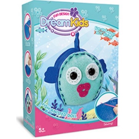 Dream Kids, Set Creatie Perna DIY pentru Copii, Joc Educativ de Cusut Manual, Material Textil Moale, Model Peste, Multicolor, Varsta 5 Ani+
