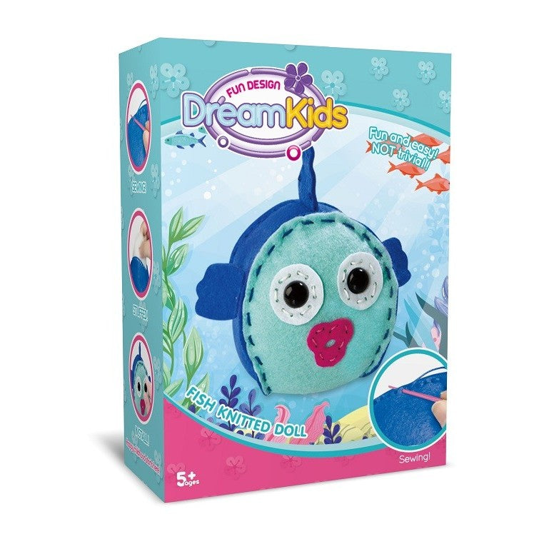 Dream Kids, Set Creatie Perna DIY pentru Copii, Joc Educativ de Cusut Manual, Material Textil Moale, Model Peste, Multicolor, Varsta 5 Ani+