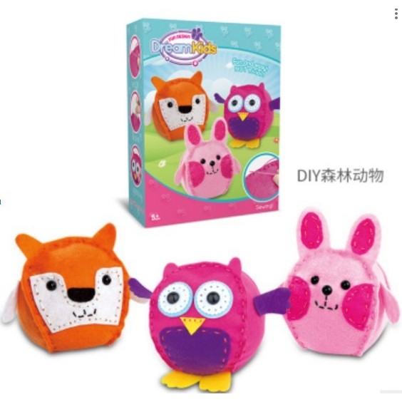 Dream Kids, Set Creativ de Cusut Perna pentru Copii, Joc Educativ de Tip DIY, Material Textil Moale, Design Animale Pasare Catel Pisica, Set 3 Piese, Varsta +5 Ani