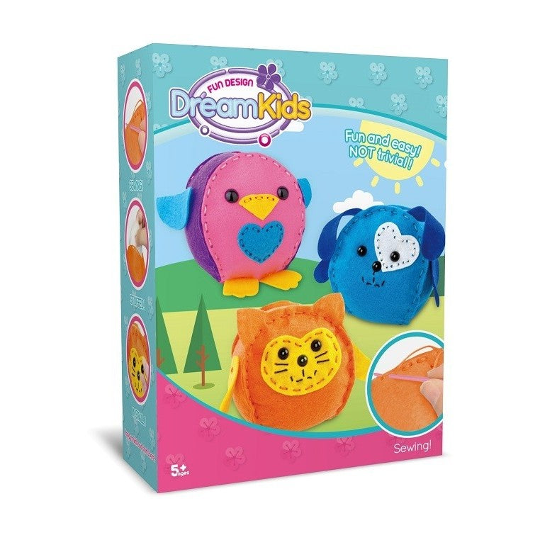 Dream Kids, Set Creativ de Cusut Perna pentru Copii, Joc Educativ de Tip DIY, Material Textil Moale, Design Animale Pasare Catel Pisica, Set 3 Piese, Varsta +5 Ani