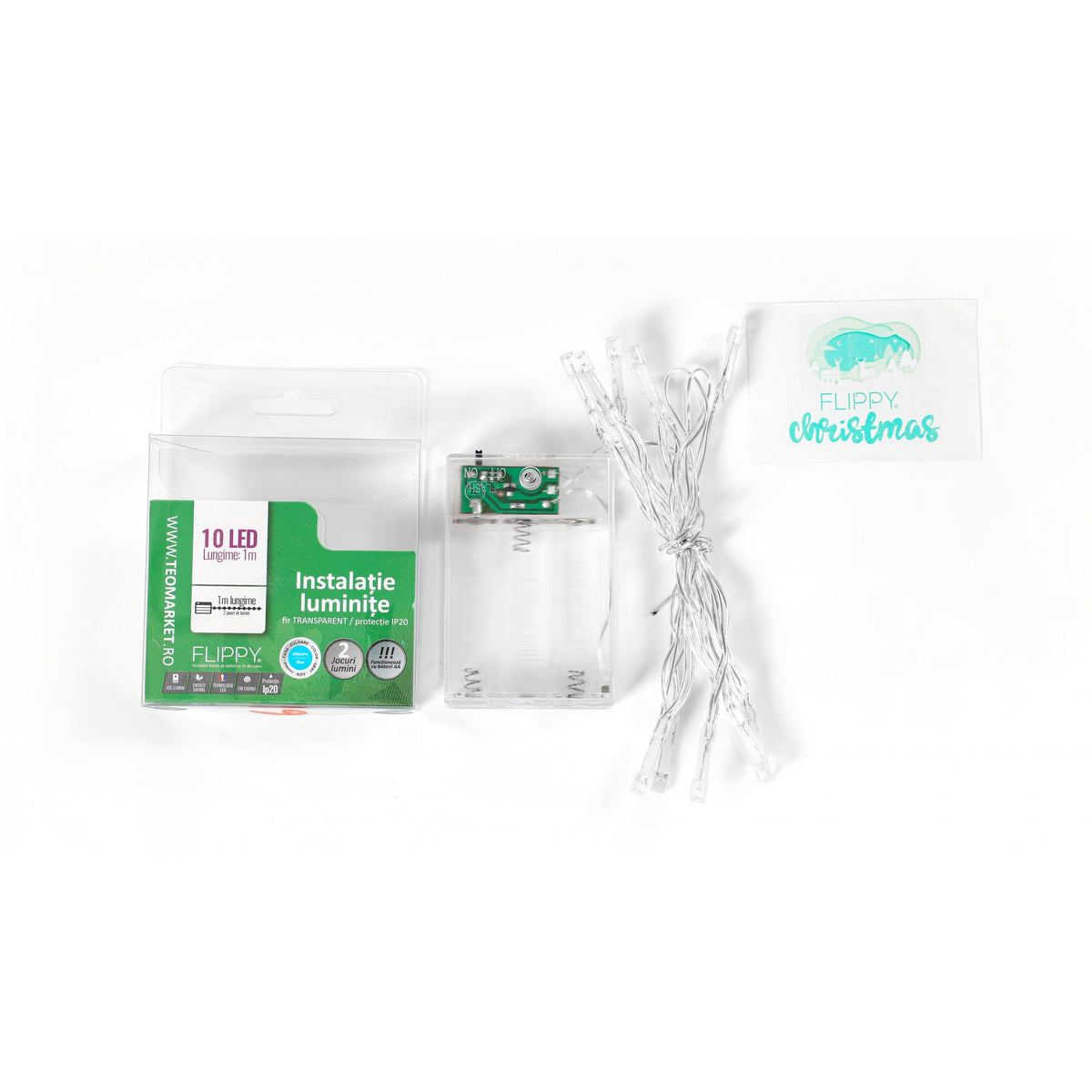 Instalatie de Craciun Tip Liniar cu Baterii, 2 Jocuri de Lumini, Fir Transparent, 10 LED-uri, 1 m, Albastru