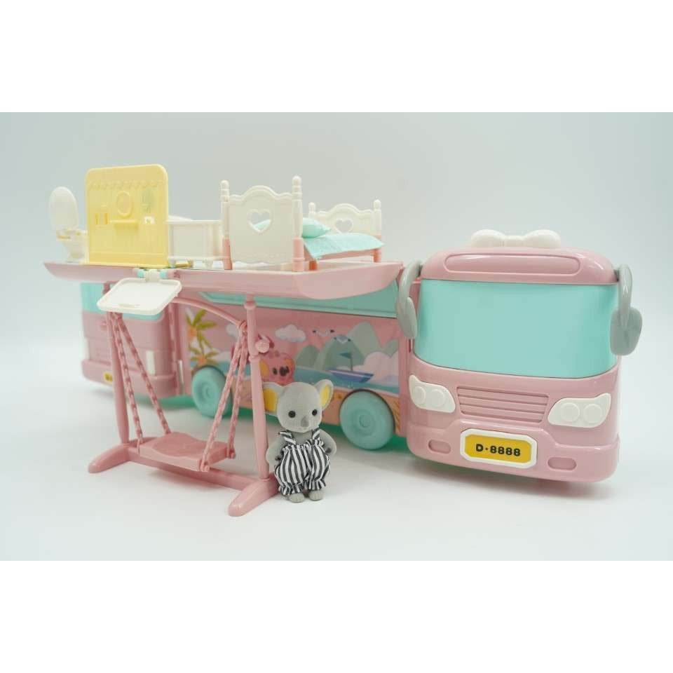 Set Casa de Papusi 2 in 1 Tip Van, Autobuz Transformabil in Vila cu Accesorii si Mobilier, Plastic, 43 Piese, Roz, +3 Ani
