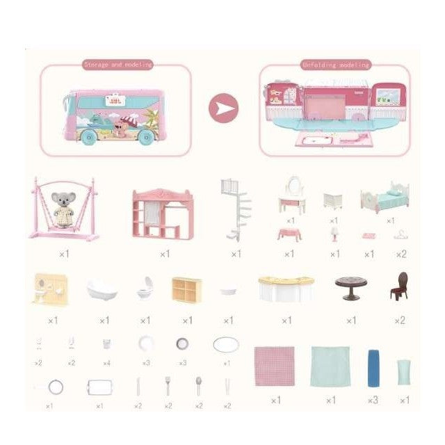 Set Casa de Papusi 2 in 1 Tip Van, Autobuz Transformabil in Vila cu Accesorii si Mobilier, Plastic, 43 Piese, Roz, +3 Ani