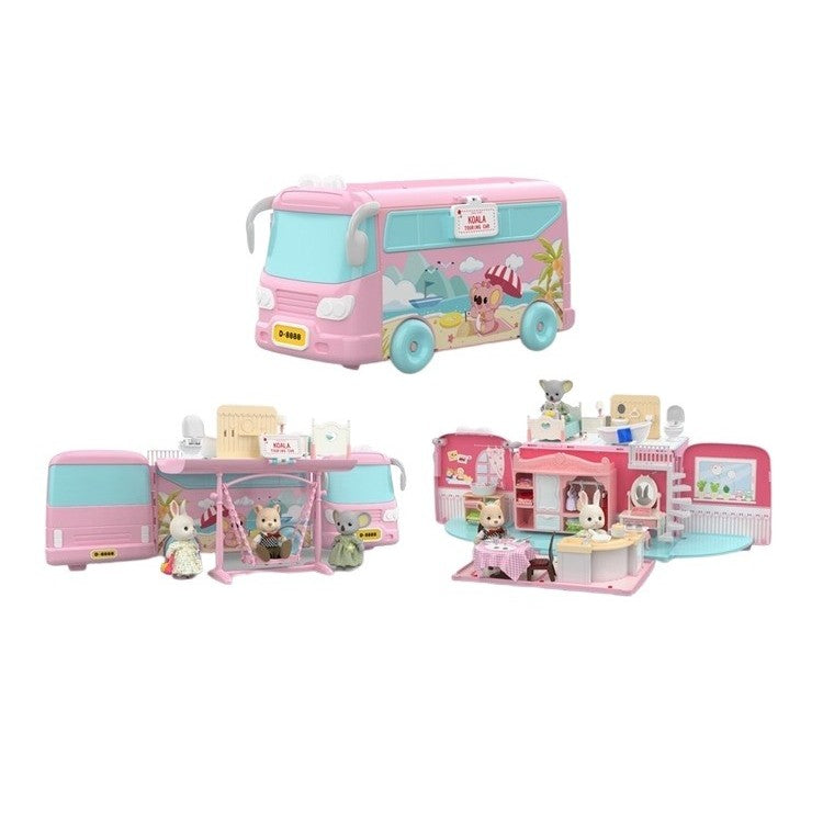 Set Casa de Papusi 2 in 1 Tip Van, Autobuz Transformabil in Vila cu Accesorii si Mobilier, Plastic, 43 Piese, Roz, +3 Ani