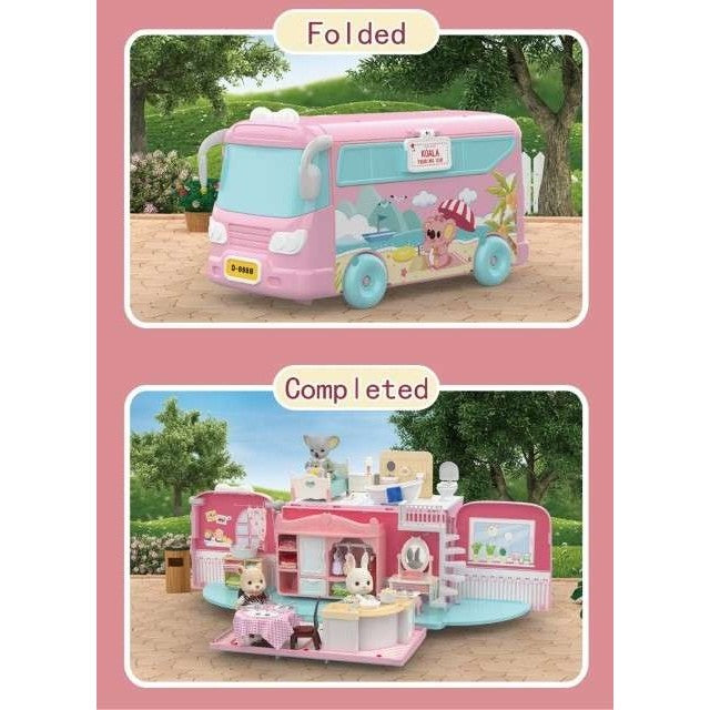 Set Casa de Papusi 2 in 1 Tip Van, Autobuz Transformabil in Vila cu Accesorii si Mobilier, Plastic, 43 Piese, Roz, +3 Ani