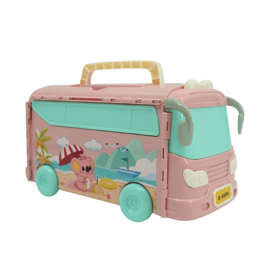 Set Casa de Papusi 2 in 1 Tip Van, Autobuz Transformabil in Vila cu Accesorii si Mobilier, Plastic, 43 Piese, Roz, +3 Ani