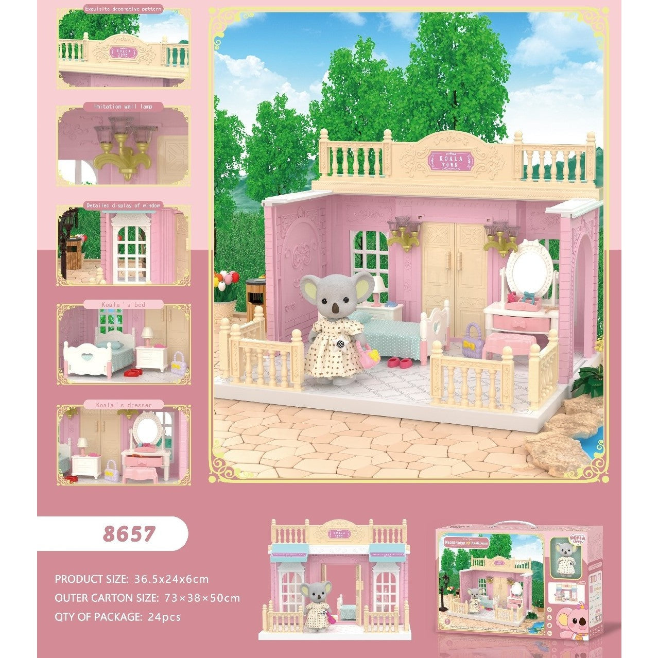 Set Dormitor Pentru Papusi Cu Mobilier Miniatural Si Figurina Koala, Joc De Rol Educativ, Asamblare Usoara Fara Unelte, Plastic, 24 Piese, Multicolor
