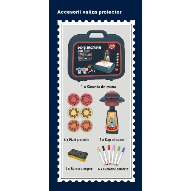 Proiector Educational cu Masuta pentru Desen, Set Creativ cu 48 de Imagini si 6 Discuri de Proiectare, Include Creioane Colorate si Cutie Depozitare, Plastic, +3 Ani, Albastru