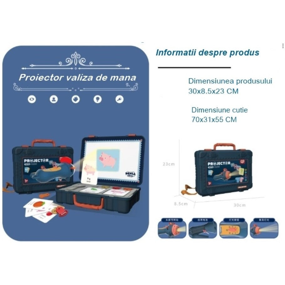 Proiector Educational Tip Lanterna Pentru Copii, Set 48 Imagini Cu Pictograme, Cutie Depozitare, Varsta +3 Ani, Albastru