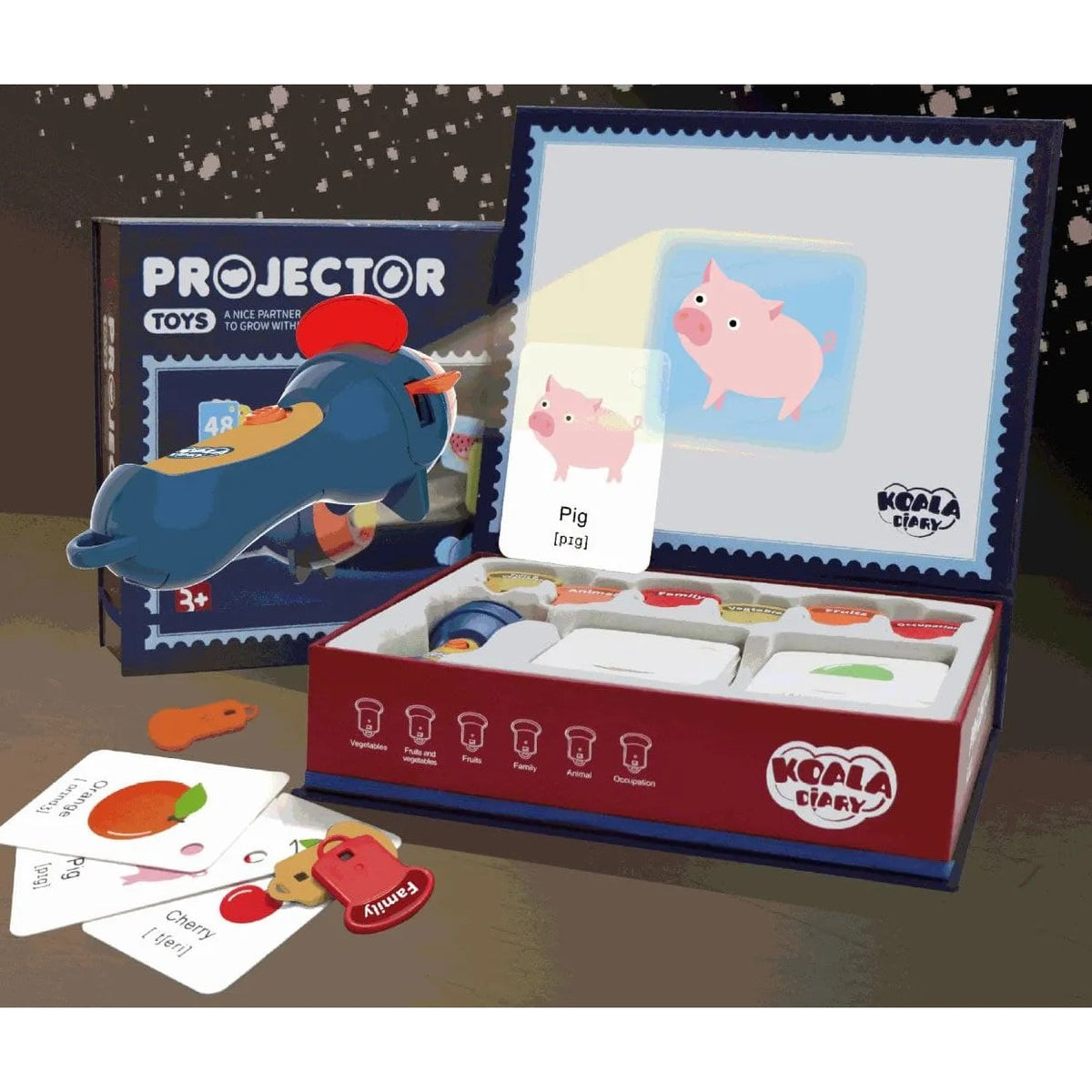 Proiector Tip Lanterna Pentru Copii, Jucarie Educativa cu 48 de Imagini si 6 Teme, Kidyslide, Material Plastic, Include Cutie Depozitare, 3 Ani+, Albastru
