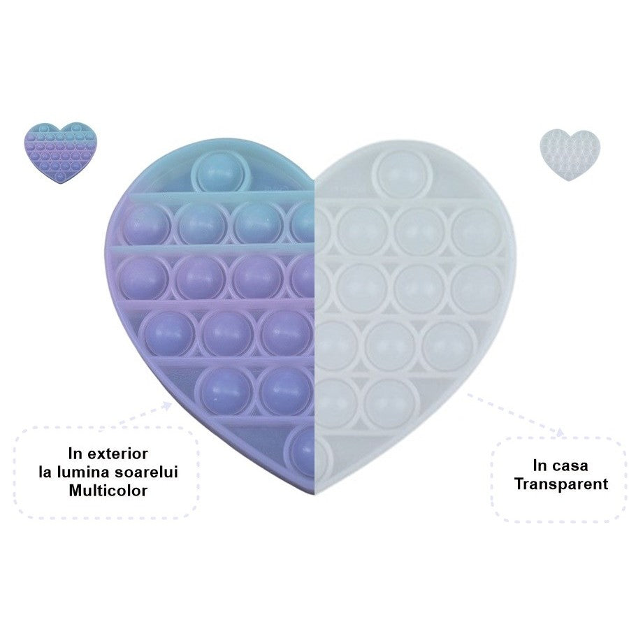 Jucarie Antistres Pop It Now and Flip It, Senzoriala, Isi Schimba Culoarea la Soare, Silicon, Forma Inima, Transparent-Multicolor