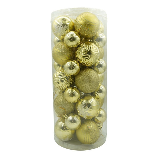 Set 36 Ornamente Brad Tip Glob, Finisaj Sclipitor, Plastic Rezistent, Diametru 6 cm, Auriu