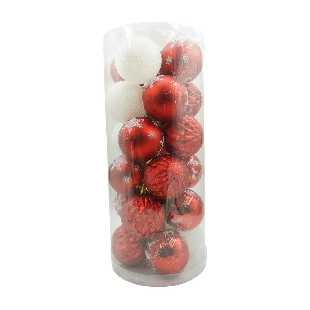 Set 24 Globuri de Crăciun pentru Brad, Ornamente Sferice cu Finisaj Sclipitor, Plastic Rezistent, Alb și Roșu, Diametru 6 cm
