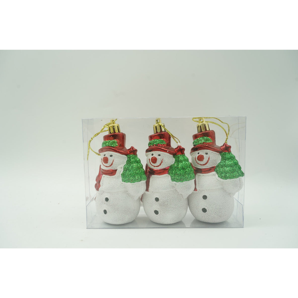 Set 3 Ornamente de Brad Om de Zapada, Decoratiuni Craciun cu Sclipici, Plastic Rezistent, Alb si Rosu, Cutie 9 x 6 x 4 cm