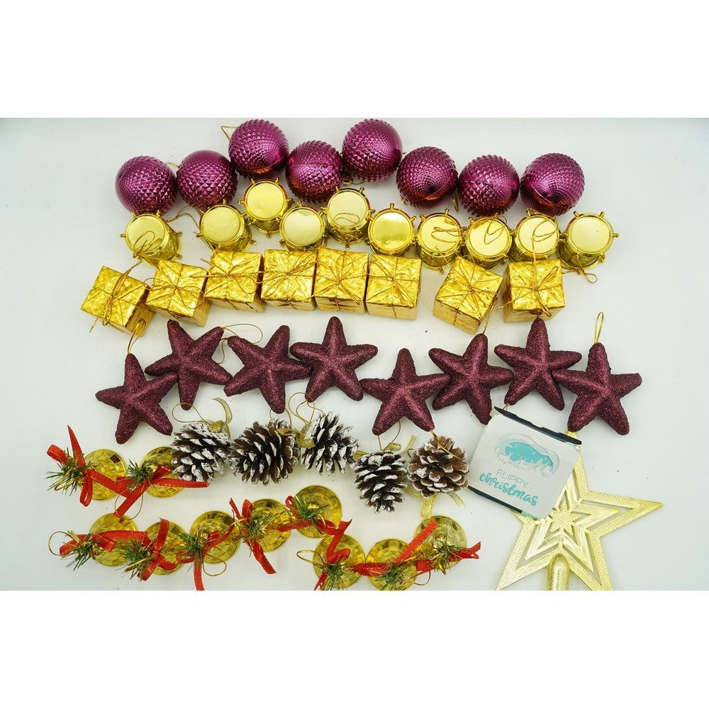 Set 50 Ornamente de Brad Tip Glob, Decoratiuni de Craciun cu Finisaj Sclipitor, Plastic Rezistent, Rosu si Auriu, Cutie Depozitare 18x12x18 cm