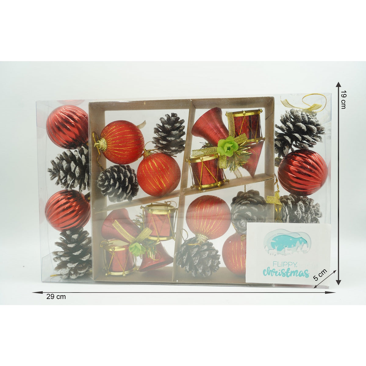 Set 24 Ornamente de Brad Tip Glob, Finisaj Sclipitor, Polistiren, Rosu si Maro, Cutie 29 x 19 x 5 cm