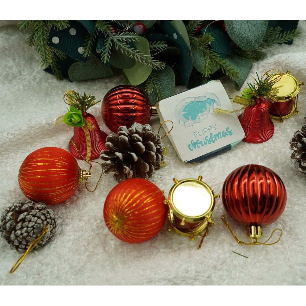 Set 24 Ornamente de Brad Tip Glob, Finisaj Sclipitor, Polistiren, Rosu si Maro, Cutie 29 x 19 x 5 cm