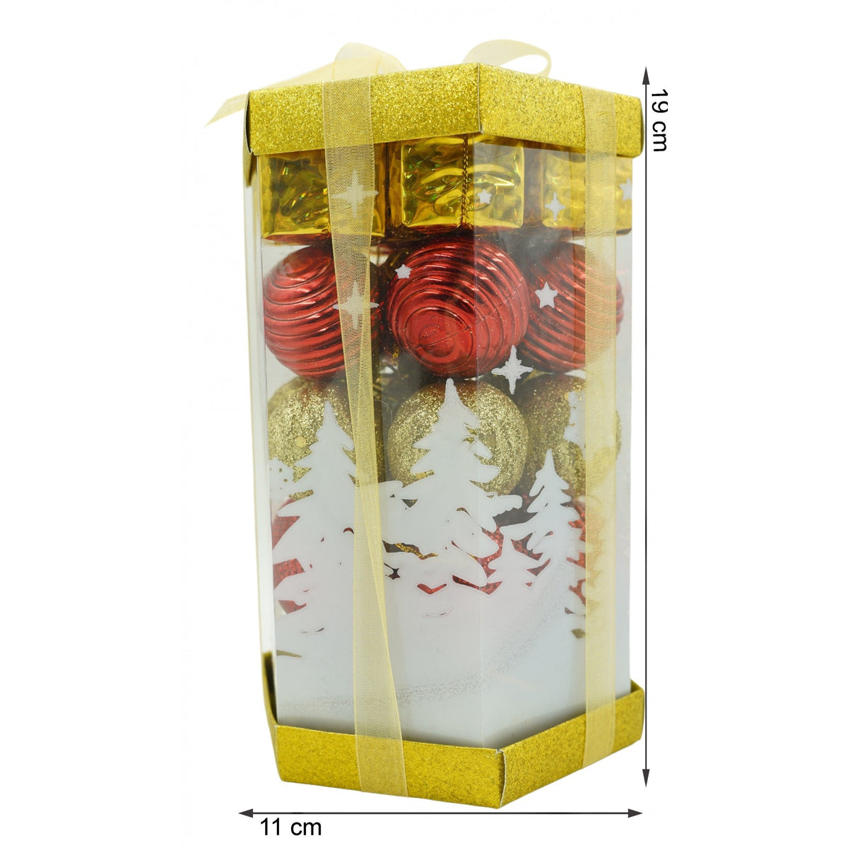 Set 35 Ornamente Brad de Craciun, Globuri Decorative cu Sclipici, Polistiren, Rosu si Auriu, Cutie Depozitare 19x11x11 cm