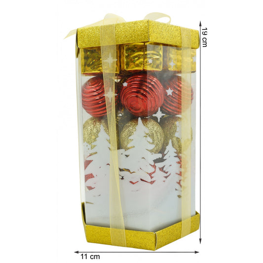 Set 35 Ornamente Brad de Craciun, Globuri Decorative cu Sclipici, Polistiren, Rosu si Auriu, Cutie Depozitare 19x11x11 cm