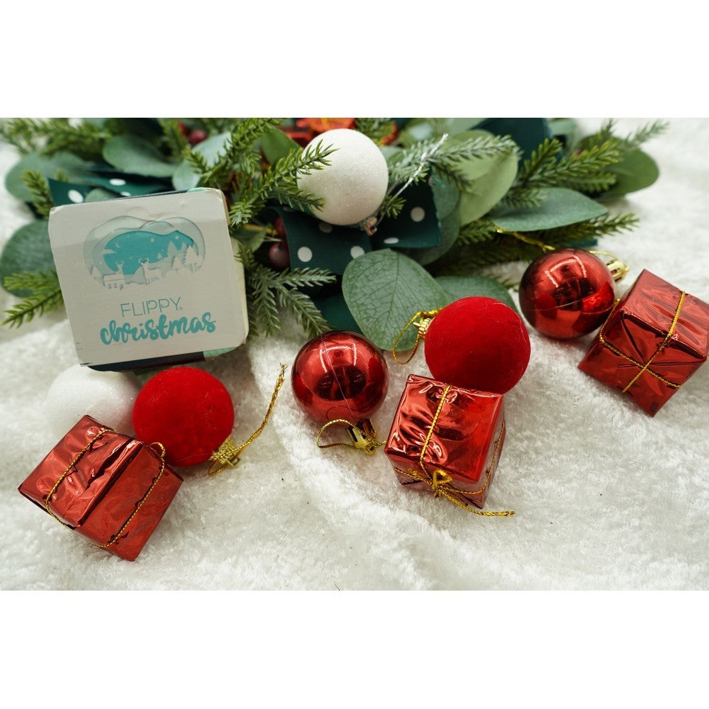 Set 35 Ornamente de Brad Tip Glob, Decoratiuni Craciun cu Sclipici, Polistiren, Alb si Rosu, Cutie 11x19x11 cm