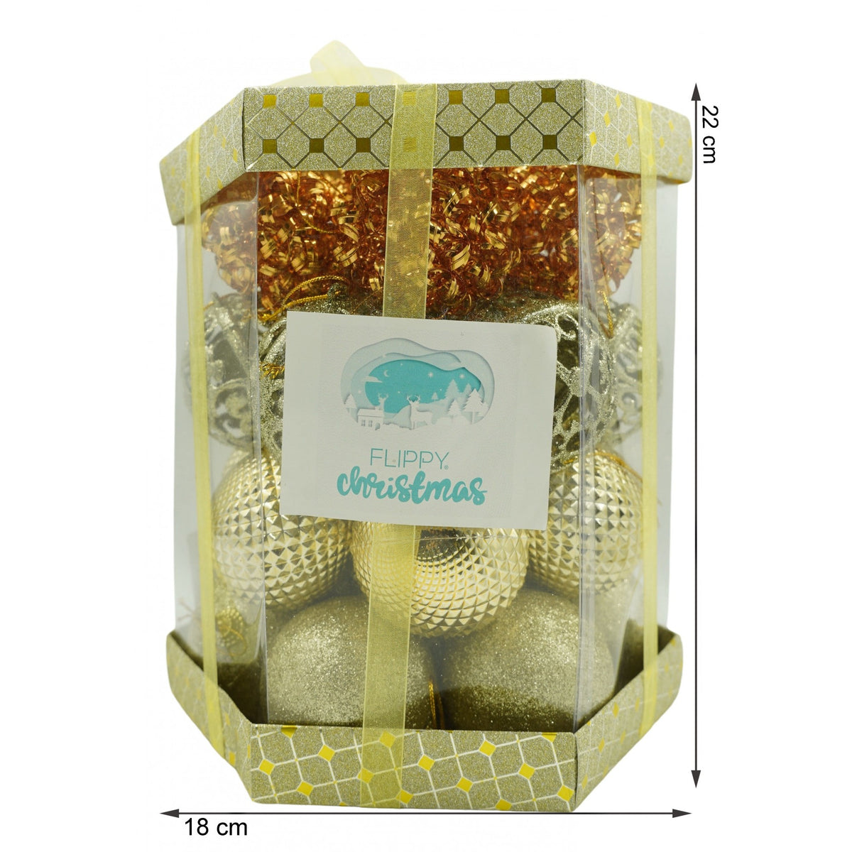 Set 28 Globuri Crăciun, Ornamente pentru Brad cu Finisaj Sclipitor, Polistiren, Cupru și Auriu, Cutie Depozitare 18x18x22 cm