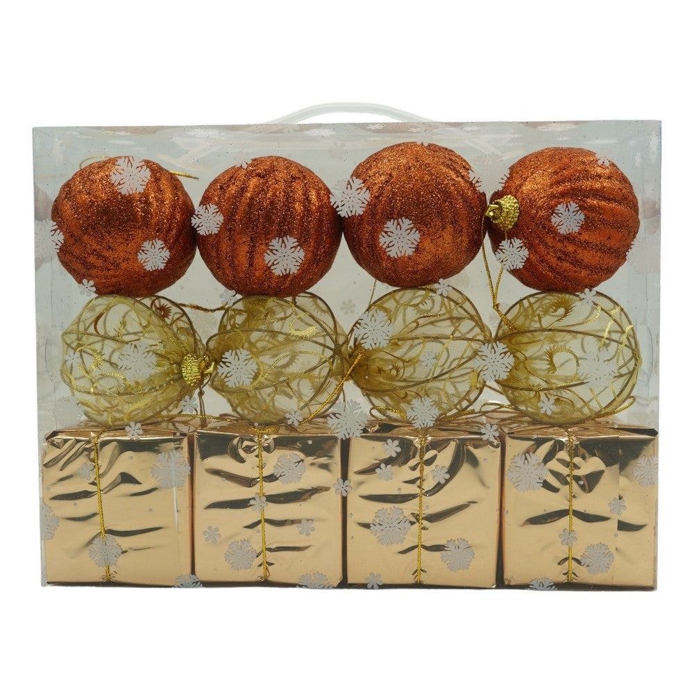 Set 12 Globuri Pentru Brad De Craciun, Ornamente Cu Finisaj Sclipitor, Polistiren Rezistent, Cupru Si Auriu, Diametru 6 cm